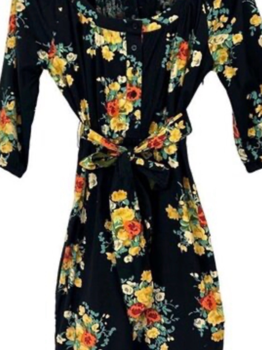 Maeve Black Floral Belted Dress with Yellow & Red Blooms